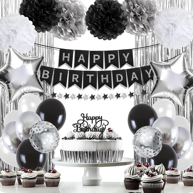 Black and Silver Happy Birthday Party Decorations - Image 7