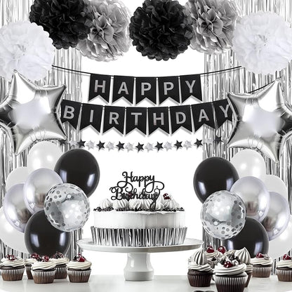 Black and Silver Happy Birthday Party Decorations by HEDUPT