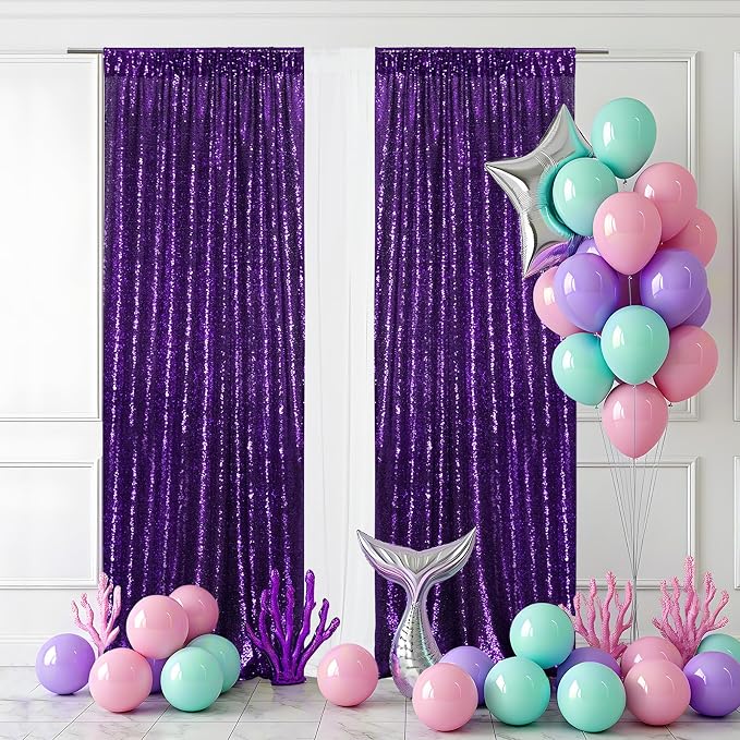 PartyDelight Purple Sequin Backdrop Curtains 2x8ft 2 Panels | Sparkly 3mm - Image 5