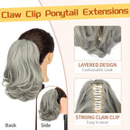 KooKaStyle Ponytail Extension, 10" Short Claw Clip in Pony Tails Hair Extensions Curly Wavy Synthetic Drawstring Hairpieces for Women(Smokey Silver)