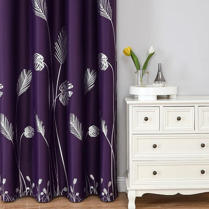 Purple Blackout Curtains for Bedroom, Room Darkening Silver Palm Tree Pattern - Image 2