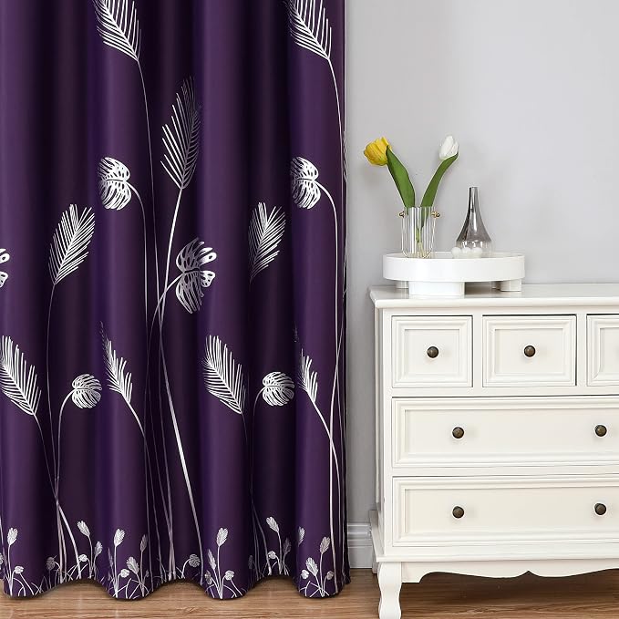 Purple Blackout Curtains for Bedroom, Room Darkening Silver Palm Tree Pattern - Image 2