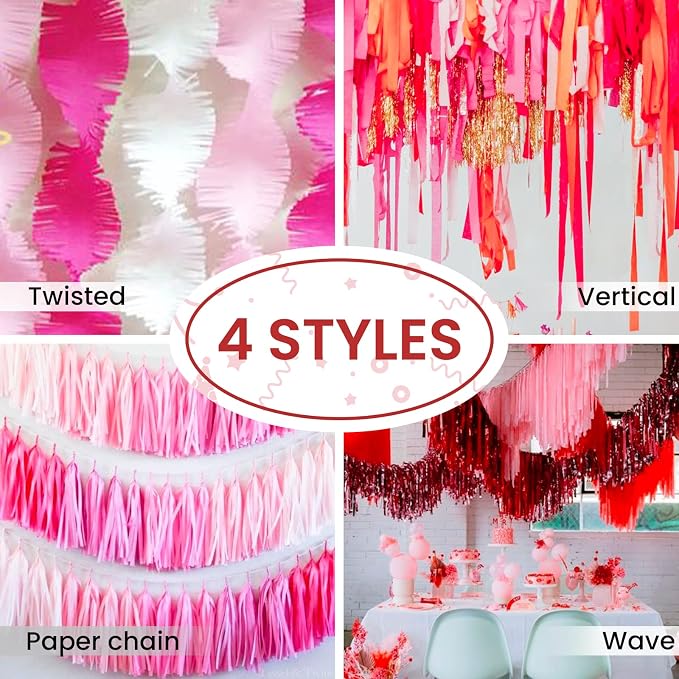 PartyWoo Pink Hot Red White Light Crepe Paper Streamers 6 Rolls 492 FT | Baby - Image 6