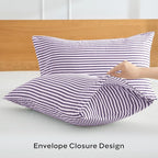 JELLYMONI 100% Natural Cotton Striped King Pillowcases Set, 2 Pack White and Purple Stripes Pattern Printed Pillow Covers with Envelope Closure(Pillows are not Included)