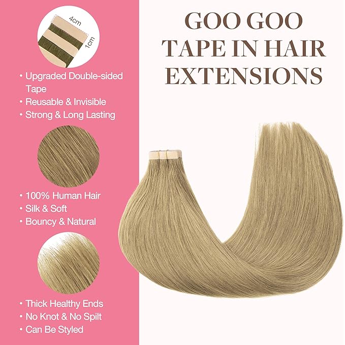 GOO GOO Tape in Hair Extensions Human Hair, 7 Bronde, 20inch 50g 20pcs, Skin Weft Seamless Invisible, Silky Straight with Thick Ends, Remy Human Hair