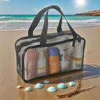Black Mesh Shower Tote Bag - 12×8Inch Portable Quick-Dry Hanging Pouch for Bathroom, Gym, Camping, Toiletry Organizer