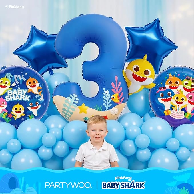 PartyWoo Baby Shark Blue Foil Round Star Mylar Number 3 Balloons 5pcs | Balloons - Image 4