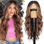 Long Chocolate Brown Highlights Wig with Bangs for Women,Layered Hairstyle Synthetic Heat Resistant for Daily Party Use 26 inch
