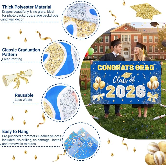 STARSIDE 2026 Graduation Backdrop 70.8x43.3 Inch Blue Gold | Congrats Grad - Image 3