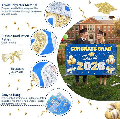 STARSIDE 2026 Graduation Backdrop 70.8x43.3 Inch Blue Gold | Congrats Grad - Image 3
