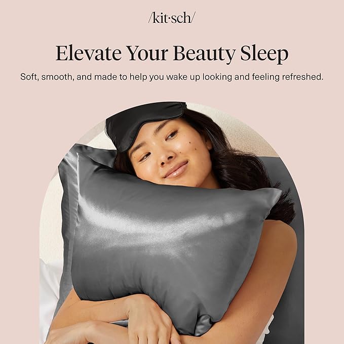 Kitsch Satin Pillowcase with Zipper for Hair & Skin, Softer Than Silk Pillow Cases Queen, Wrinkle-Free, Smooth and Cooling Satin Pillow Covers, Standard Size 19"x26" - Charcoal