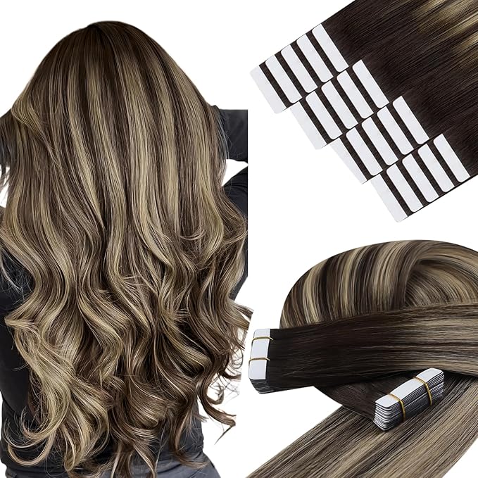 YoungSee Tape in Hair Extensions Real Human Hair Balayage Tape Extensions Human Hair Dark Brown Ombre Blonde with Brown Tape in Extension Real Hair 22 Inch 20pcs 50g Soft Hair Extension