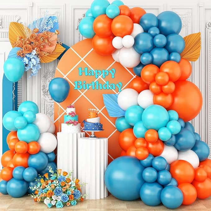 GRESATEK Orange-Blue-White Balloon Arch Garland Kit, Teal Blue Peacock White by GRESATEK