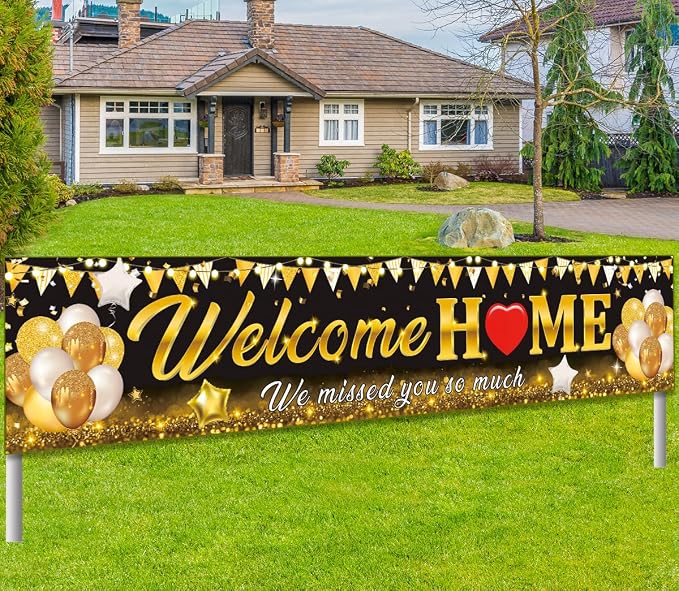 Welcome Home Banner Decoration Black Gold Welcome Back Home Family Yard Sign by GREHUMOR