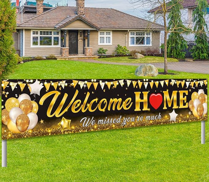 Welcome Home Banner Decoration Black Gold Welcome Back Home Family Yard Sign by GREHUMOR