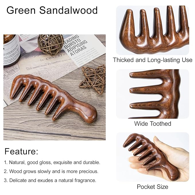 Hair Comb Wooden Wide Tooth Combs for Curly, Natural Golden Sandalwood Thicken Hair Comb for Head Scalp Massager, Detangles Wet or Dry Curly, Thick, Wavy, Anti-static