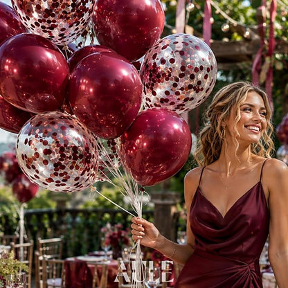 AULE 42Pcs Metallic 12 Inch Burgundy Confetti Balloons Set | Maroon Party - Image 2