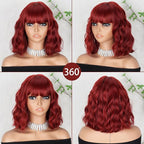 MISSQUEEN Short Red Wigs for Women with Bangs Wine Red Wavy Curly Bob Wig