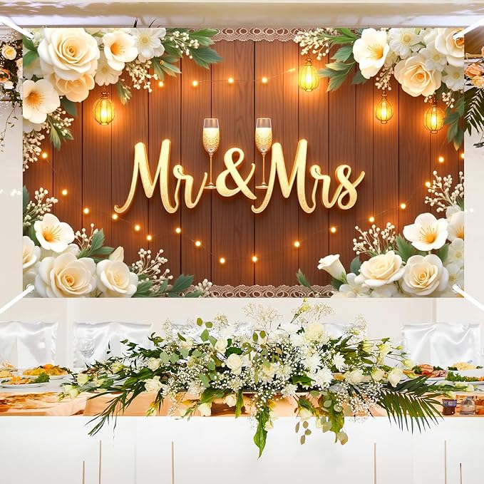 Mr & Mrs Wedding Backdrop Banner Party Decorations Engaged Banner Photo Booth - Image 3