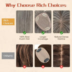 Rich Choices Human Hair Toppers for Women-100% Real Remy Hair Topper with 3D 360°Bang-Upgraded 150% Density 9 * 12CM Lace Base-Clip in Hairs topper for Thinning Hairs-10Inch #G2 Grey