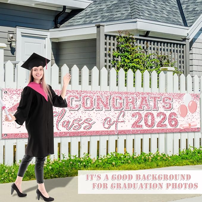 Pink Graduation Party Decorations Class of 2026 Banner Congrats Grad | Rose - Image 2