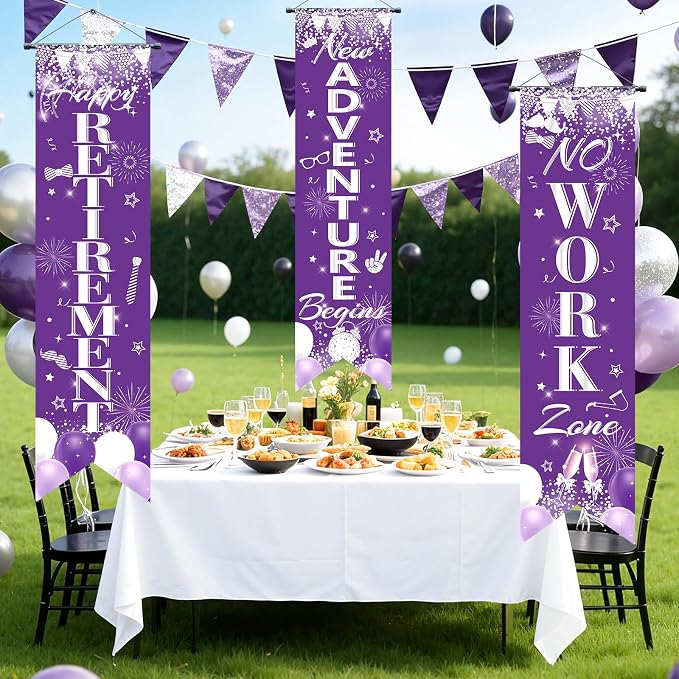 3Pcs Retirement Porch Sign Banner Purple Silver Happy Retirement Door Hanging - Image 4