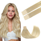 GOO GOO Tape in Hair Extensions Human Hair, 18ET90A Natural Blonde Balayage, 16inch 25g 10pcs, Skin Weft Seamless Invisible, Silky Straight with Thick Ends, Remy Human Hair