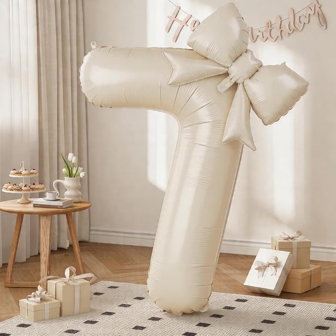 40 Inch Cream Number 7 with Bow Balloons, Giant Self Inflating Beige Cream Foil by KYGNE