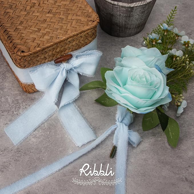 Ribbli 3 Rolls Light Blue Ribbon 5/8 Inch x 18Yards Handmade Cotton Frayed - Image 5