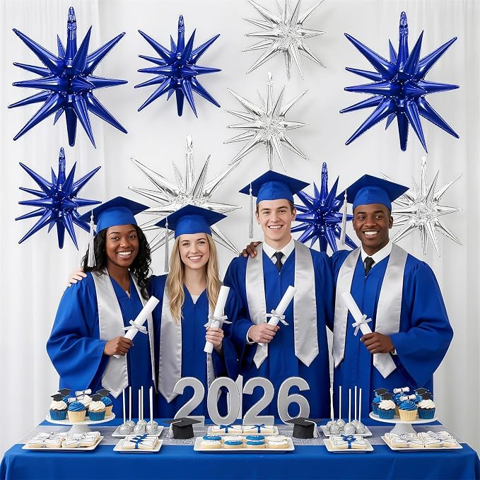 9Pcs Blue Silver Star Balloons, Large Navy Blue and Silver Explosion Foil - Image 4
