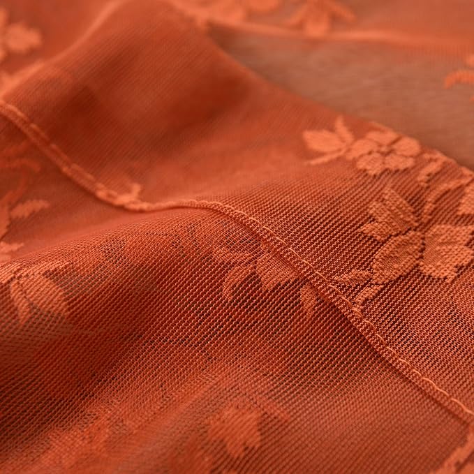 Kotile Burnt Orange Floral Sheer Curtains - Image 7