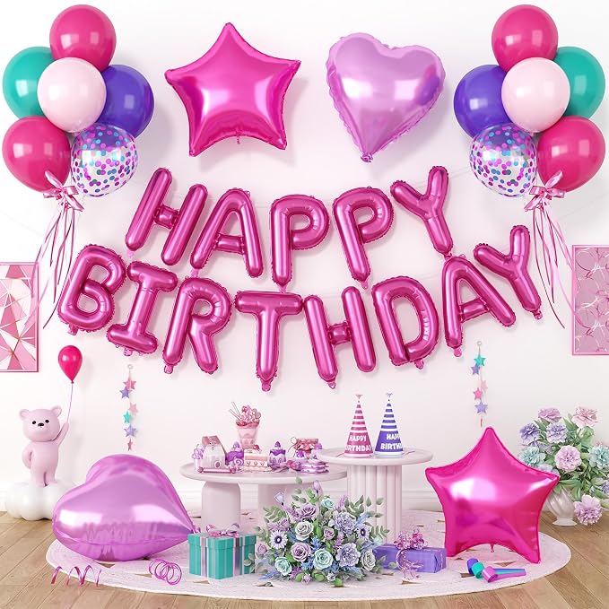 29PC Pink Purple Happy Birthday Balloon Banner, 16Inch 3D Aluminum Letter by Paready