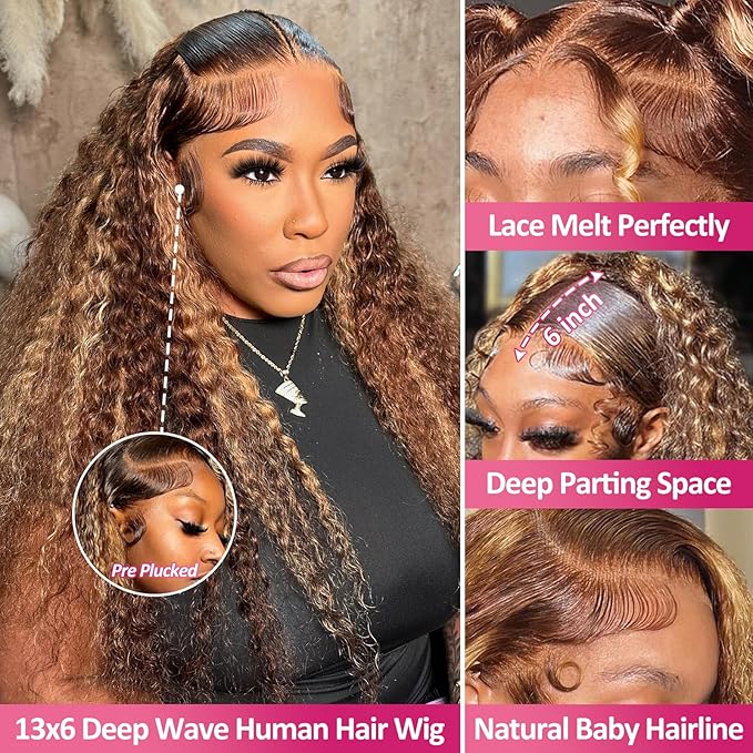 Honey Blonde Deep Wave Lace Front Wigs Human Hair 200 Density 13x6 HD Lace Front Wigs Ombre Human Hair Wig Glueless P4/27 Highlight Wig for Women Pre Plucked with Natural Hairline (24 Inch)