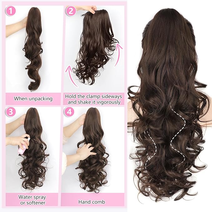 ALXNAN Claw Long Wavy Ponytail Extension,24 Inch Curly Pony Tail Clip in Hair Extensions for Women,Dark Chocolate Brown Clip on Pony Tails Hair Extensions