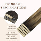 GOO GOO Tape in Hair Extensions Human Hair, 4D/14/5B Brunette Balayage, 18inch 25g 10pcs, Skin Weft Seamless Invisible, Silky Straight with Thick Ends, Remy Human Hair