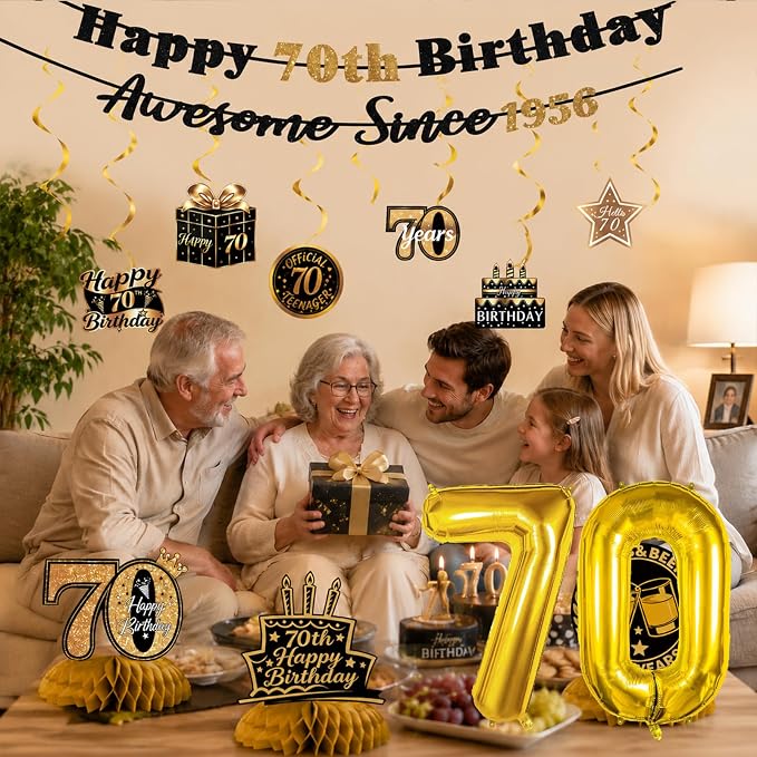 70th Birthday Decorations For Men Women, Pre-Strung Black Gold Happy 70th - Image 8