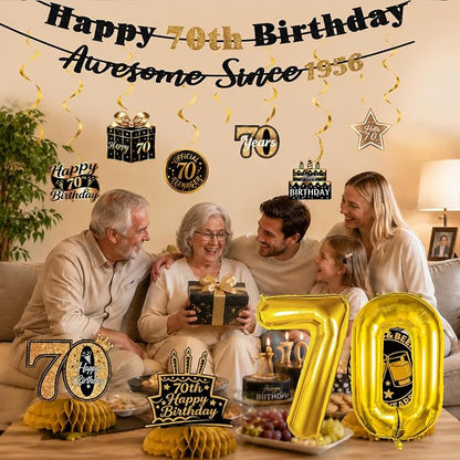 70th Birthday Decorations For Men Women, Pre-Strung Black Gold Happy 70th - Image 8
