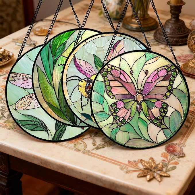 DASTOLL Stained Glass Window Hanging 4 Pcs Set Pink Green Insect Theme 6.3" - Image 2