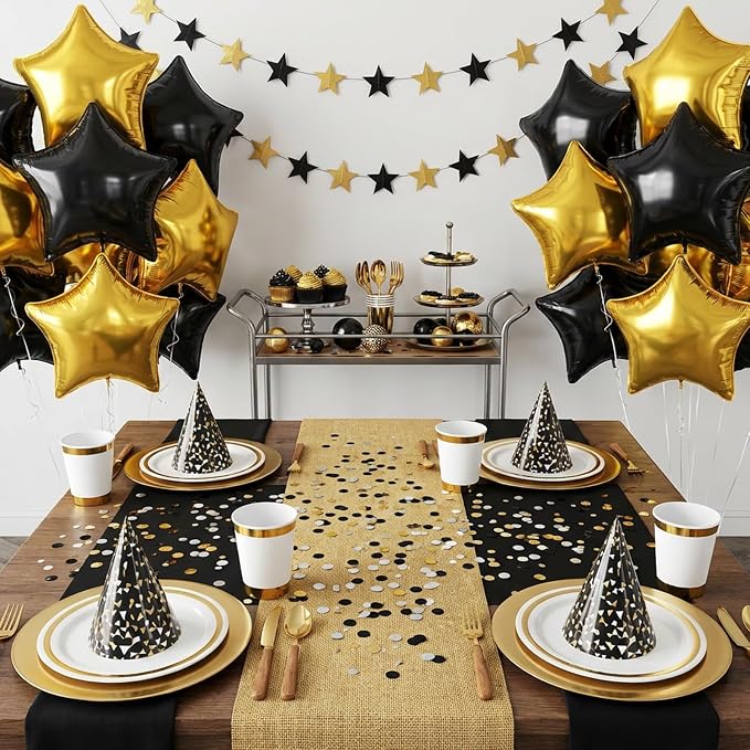 Black Gold Star Foil Balloons, 18 Inch Metallic Black and Gold Stars Balloon - Image 3