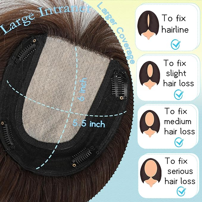 Hair Toppers for Women Real Human Hair, 360° 3D Toppers Pieces for Women with Thinning Crown Wispy Bangs 14 Inch Upgrade Big Basement (Mocha Brown, 14 Inch Wispy Bangs)