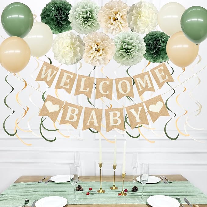 Baby Shower Party Decorations Kit Welcome Baby Heart Burlap Banner by pinkblume
