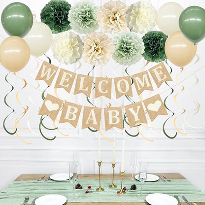 Baby Shower Party Decorations Kit Welcome Baby Heart Burlap Banner by pinkblume