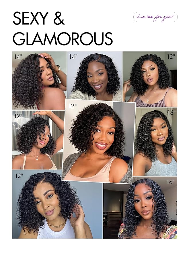 LUVME HAIR Curly Deep Wave Glueless Lace 100% Human Hair Short Wigs 12 Inches Pre Cut Plucked Hd Lace Wig Ready To Go Natural Color Bleached Knots Side Part Black Wigs 12 Inches
