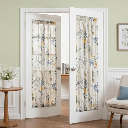 MYSKY HOME Floral Linen French Door Curtains Blue Farmhouse Privacy Door Window - Image 5