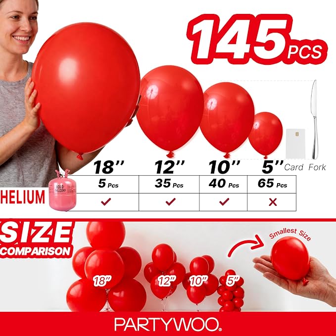 PartyWoo Red Balloons 145pcs Different Sizes of 18 12 10 5 Inch | Balloons - Image 6