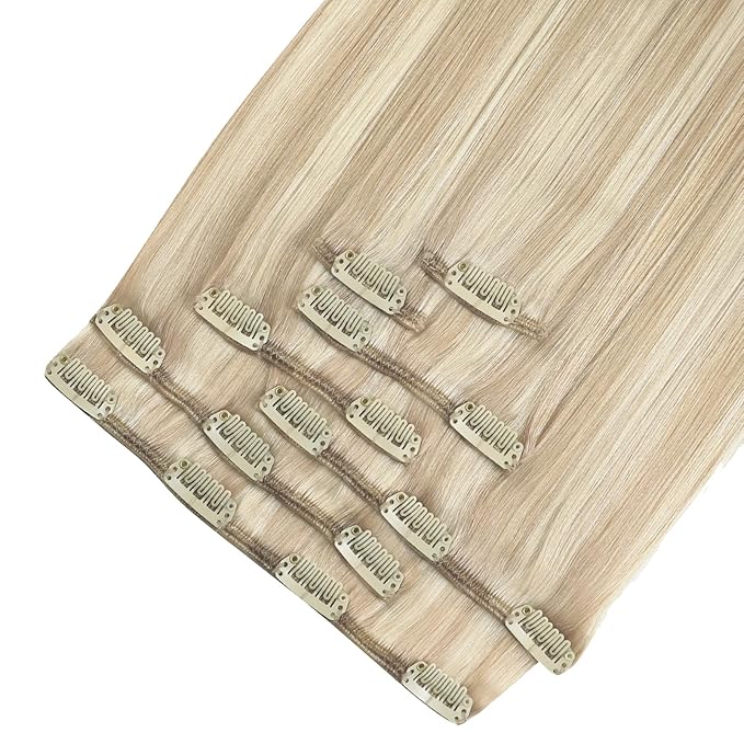 YoungSee 150G Clip in Extensions Real Human Hair Ash Blonde Hair Extensions Clips ins Warm Ash Blonde Highlights Bleach Blond Human Hair Clip in Extensions Blend Naturally 22Inch 7Pcs