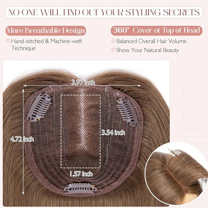 Hairro 100% Human Hair Topper No Bangs, Real Clip in Hair Hairpieces for Women, 3.94x4.72" Silk Base for Thinning Receding High Hairline, 12 Inch Medium Brown Middle Part