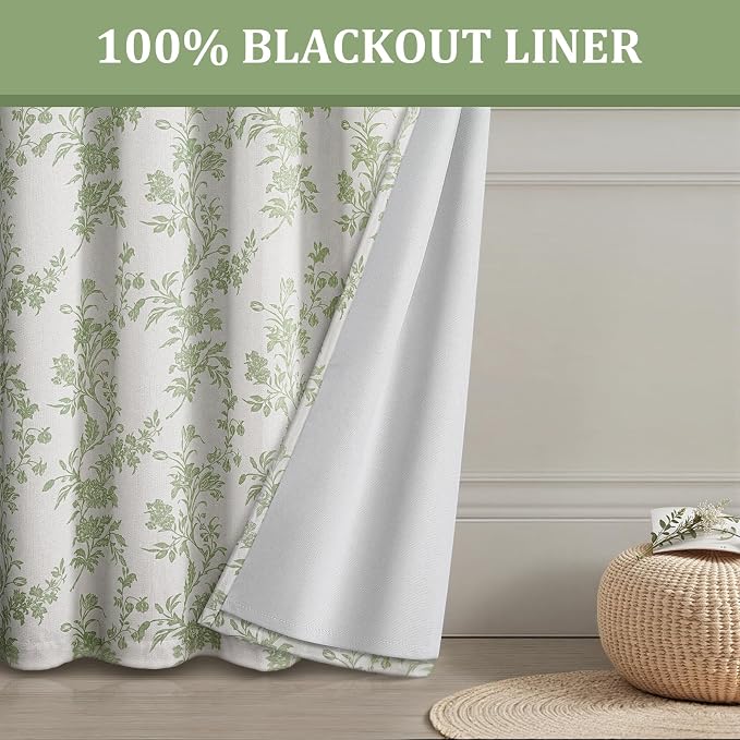 Sage Green Boho Floral 100% Blackout Curtains 84 Inch 2 Panels | Farmhouse - Image 6