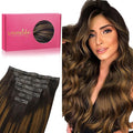 WENNALIFE Seamless Clip In Hair Extensions Human Hair, 12 Inch 80g 7pcs Balayage Dark Brown Mixed Chestnut Brown Real Hair Extensions Clip in Human Hair Invisible PU Skin Weft Natural