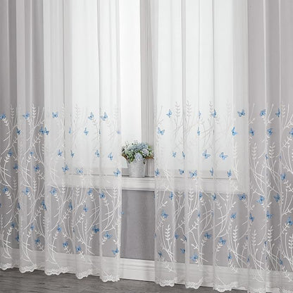 White Sheer Voile Curtains White Embossed Butterflies 84 Inches | Light - Image 8